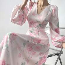 Women's Floral Print V-Neck Lantern Sleeve Elegant Dress - Pink - View 5