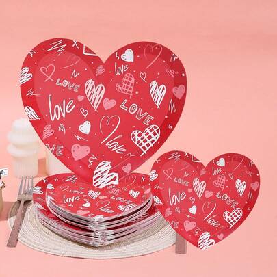 10pcs/20pcs/40pcs/50pcs Red Heart Theme Paper Plates - Hand-Painted Heart And "LOVE" Design | Disposable Party Plates, 7 Inch And 9 Inch, Suitable For Valentine's Day, Romantic Anniversary Dinner, Engagement