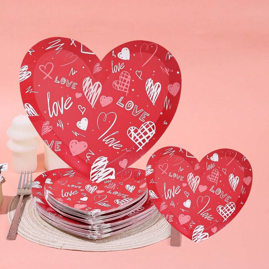 10pcs/20pcs/40pcs/50pcs Red Heart Theme Paper Plates - Hand-Painted Heart And "LOVE" Design | Disposable Party Plates, 7 Inch And 9 Inch, Suitable For Valentine's Day, Romantic Anniversary Dinner, Engagement - Multi-color D Style - View 1
