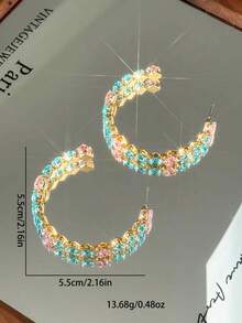 1 par de aretes de aro en forma de C con incrustaciones de circonita rosa y azul en tono dorado, aretes de medio aro con cristales coloridos brillantes, joyería de moda para fiestas de mujer - Dorado - View 4