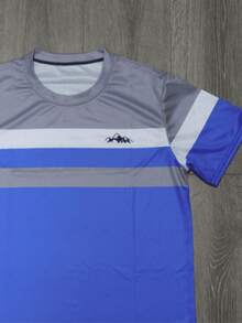 KOVSEE Camiseta masculina de manga curta com estampa simples em contraste, ideal para esportes ao ar livre, uso casual diário, corrida, basquete, futebol, respirável e de secagem rápida. Peça única. Ótima opção de presente para namorado no verão. - Azul - Ver 4