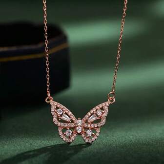 1pc S925 Sterling Silver Butterfly Design Pendant Necklace With Sparkling Cubic Zirconia, Elegant Jewelry For Women, Exquisite Gift For Loved Ones
