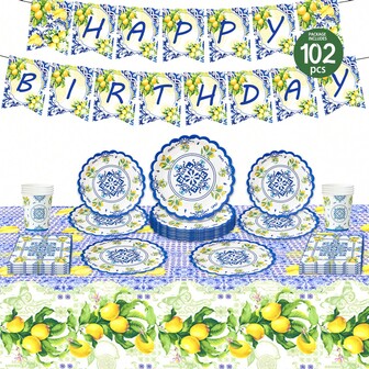 Platos desechables con forma de pétalo, servilletas, vasos, mantel y pancartas con diseño de limón azul vintage y tema de cumpleaños, juego de suministros desechables para fiesta adecuado para 25 invitados, vajilla desechable de papel para cumpleaños, boda, fiesta temática, picnic familiar