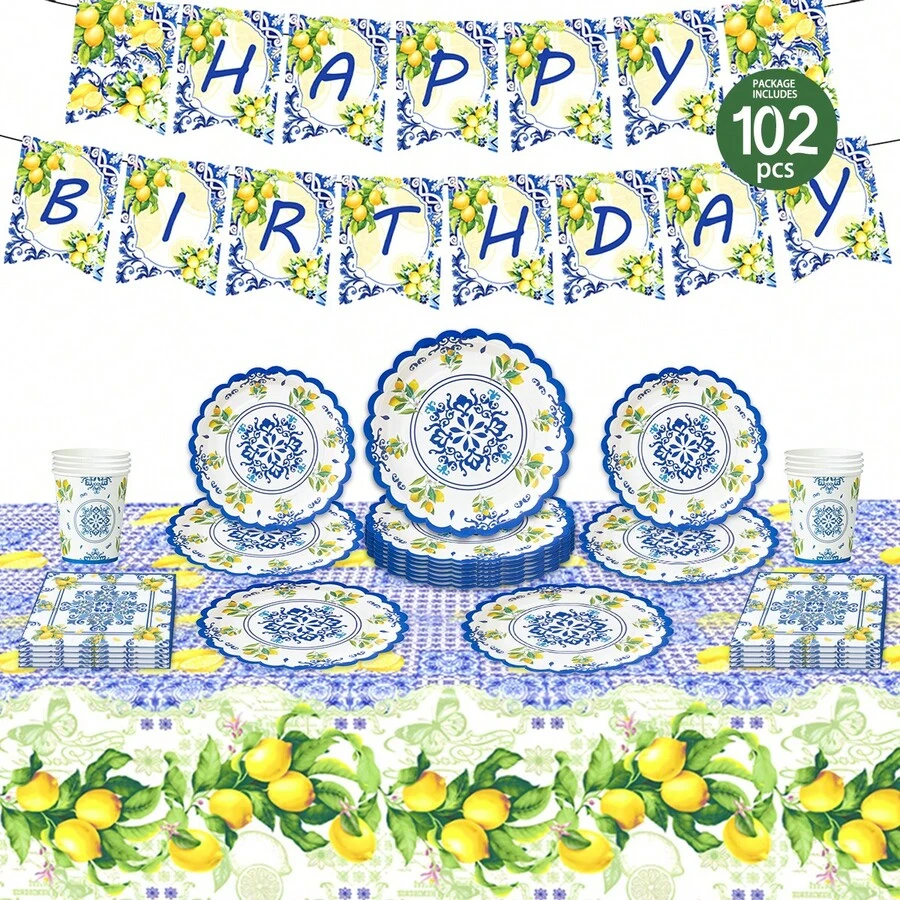 102/25/10/1件裝復古藍色瓷器花紋檸檬生日快樂花瓣形拋棄式餐盤、餐巾紙、杯子、桌布和三角旗，生日主題拋棄式派對用品套裝，適合25位賓客，拋棄式紙盤派對餐具，適用於生日、婚禮主題派對、家庭野餐 - 彩色 - 查看 1