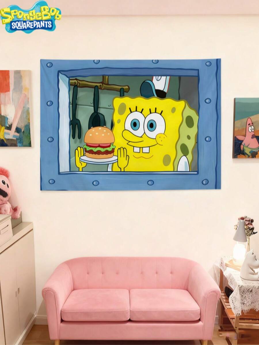 SpongeBob SquarePants 1件海绵宝宝和派大星背景布，生日挂布，卧室宿舍床头墙面装饰，卡通动漫，最佳节日派对氛围装饰，送给朋友的完美派对装饰礼物，家居装饰，理想的房间装饰，新年礼物 - 彩色 - 查看 1