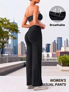 女士极简高腰通勤阔腿裤，性感休闲运动直筒裤，提臀喇叭裤，修身瑜伽紧身裤，弹力运动裤，适合春、夏、秋季穿着，日常穿着及健身 - 黑色 - 查看 6