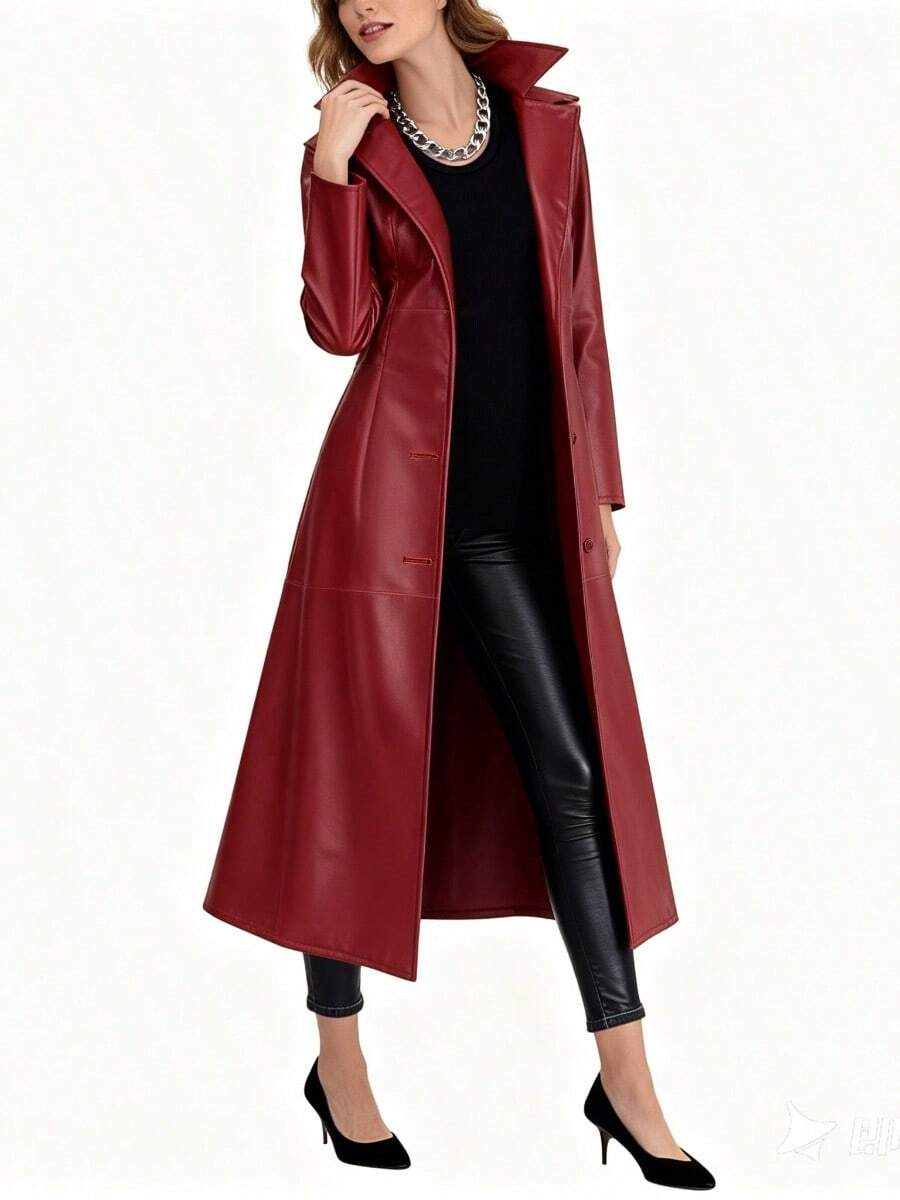 Icebanner Womens Faux  Leather Long Trench Coat Notched Lapel Single Breasted Casual Car Biker Motorcycle Style Jacket Long Coat Women - Đỏ - Xem 1