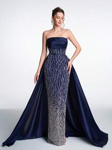 Vestido de noche de cola de sirena con espalda descubierta, cruzado y con cuentas brillantes de lujo de Anymoon, adecuado para galas, brindis nupciales, cenas formales, fiestas de cóctel y primavera - Azul Marino - Ver 5
