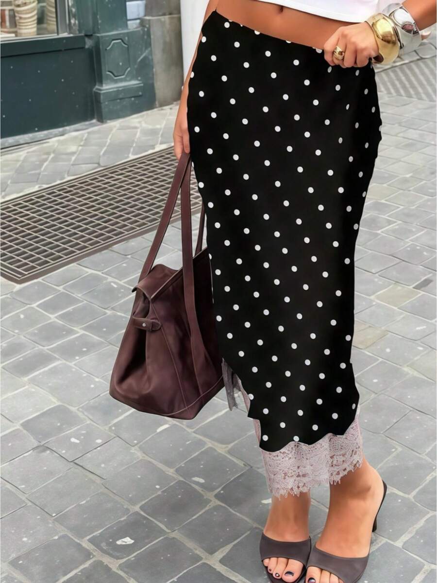 Women Y2K Polka Dot Satin Lace Trim Long Skirts High Waist Vintage A Line Elegant Half Slip Maxi Skirts Streetwear - Màu nâu  Mocha - Xem 1