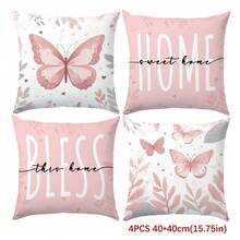4pcs Simple Daily Pink Butterfly "Sweet Home" Cushion Covers, Single-Sided Printed Soft Peach Velvet Material, 45*45/50*50/40*40CM Pillow Covers Suitable For Indoor Decor, Party Decor, Decorative Pillow Gift - Multicolor - View 12