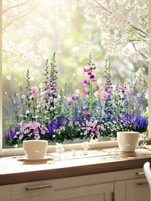 Garden Style Flower Pattern Butterfly Window Film Sticker, Rural Style Simulation Fence Flower Double Sided Window Clings, Removable Purple Floral Garden Window Decal Flower Window Clings, Collision Glass Doors Stickers For Kitchen Bedroom Living Room Home Office School Decor Party Supplies - Multicolor - View 5