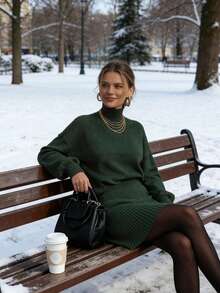 女士时尚优雅秋冬深绿色针织毛衣上衣短款毛衣裙两件套 - 綠色 - 查看 3