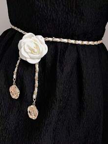 Cinto feminino casual elegante de estilo urbano com flor de camélia em PU (poliuretano), cinto de corrente floral, acessório de cintura sofisticado e exclusivo para vestidos.