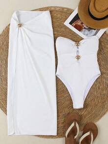 女士时尚优雅高开衩白色无肩带比基尼套装，饰有金属装饰，适合春夏度假、派对、浪漫波西米亚风旅行。 - 白色 - 查看 4