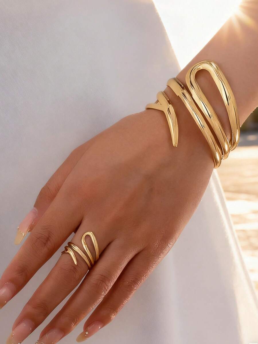 1 Set Minimalist Geometric Open Bangle Bracelet Set, Elegant & Fashionable For Women - Yellow Gold - View 1