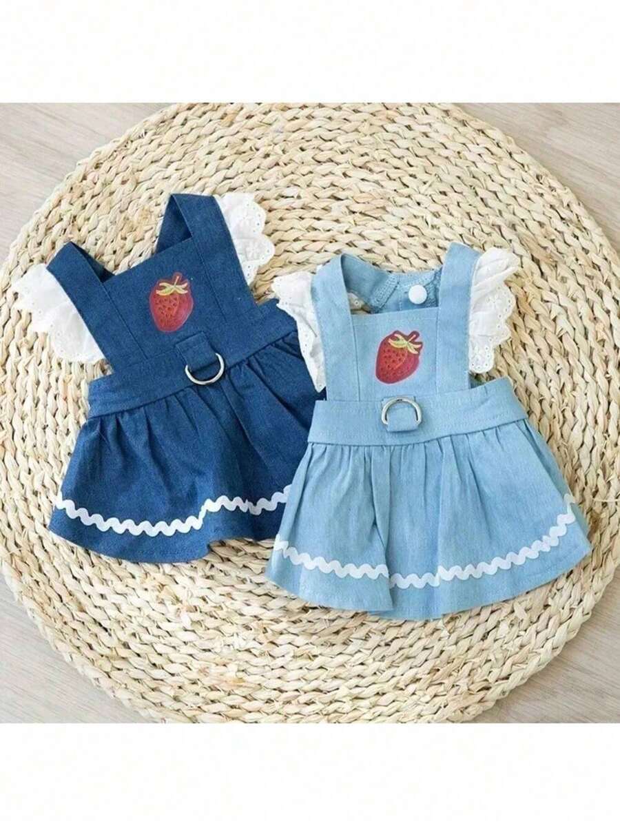 草莓蕾丝宠物裙背带牛仔吊带吉娃娃比熊夏季服装通用猫狗蓬蓬裙纽扣清凉服可爱拍照套装 - 白色 - 查看 1