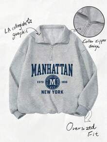 女士秋冬新款简约吸睛美式纽约城市英文印花休闲半高领拉链卫衣，时尚百搭 - 深花灰 - 查看 3