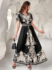 Black Paisley Print V-Neck Puff Sleeve A-Line Dress With Belt, Commuting Casual Arabic Style Dress, Ramadan New Collection (Random Print)