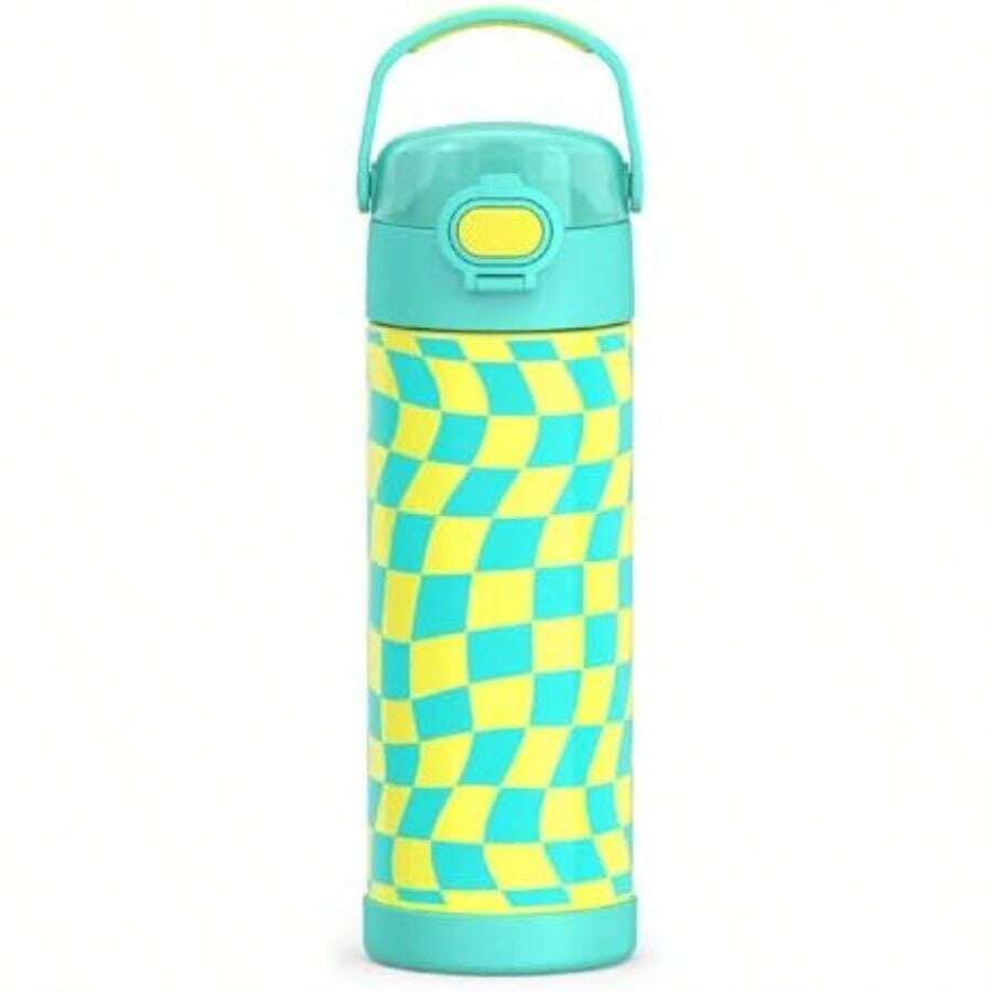 - Botella Funtainer aislada vacío, de acero inoxidable, de 473 ml, con tapa ancha de boquilla, color rosa neón(0.5 Litros Ondulado Checkers Teal) - Multicolor - Ver 1