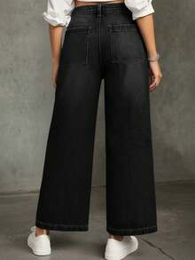 Plus Size Wide Leg Jeans - Stretchy Rayon, Vintage Wash, Cropped, Button Fly, Casual Weekend Jeans For Women, Casual Wear Vintage Wash Jeans Spring Black - Black - View 2