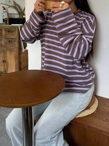 Womens Loose Tunic Tops Long Sleeve Round Neck Stripes Print T-Shirts Spring Fall Blouses - Gris Claro - Ver 7