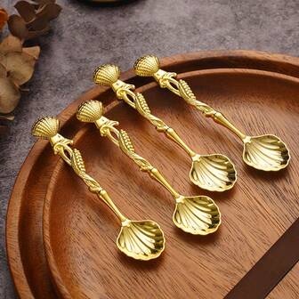 4件套创意迷你贝壳勺，复古海洋风甜点勺，优雅欧式咖啡搅拌勺，茶道调味勺，家用西式餐具