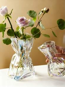 1-Piece Irregular Pleated High-Gloss Clear Glass Vase – 3D Ripple Texture, Modern Minimalist Table Centerpiece, Crystal-Clear Display For Living Room, Kitchen, Bedroom, Study & Office, Multi-Stem Or Dried Flower Decor - Nhiều màu - Xem 6