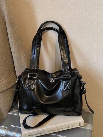 新款时尚，大容量，质感高级，韩式文艺休闲风，简约轻便百搭的PU软皮，韩式格纹纯色，复古慵懒肩带，可调节肩带，女士单肩包、手提包、宫廷包、手袋，适合旅行