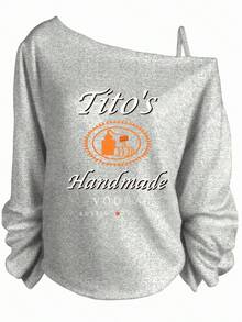 Black Off - The - Shoulder Sweatshirt With Tito's Handmade Vodka Logo & Text, Orange Circular Bottle & Cask Logo, AUSTIN TEXAS Red Star Design - Casual Fashionable Crew Neck Top For  Wear- Plus Size Asymmetric Neck Long Sleeve Sweatshirt - Women's Fall Top - Women's Winter Outfits: Elegant Conjunto De Mujeres + Flowy Top, Blusas & Top Negro - 灰色 - 查看 6