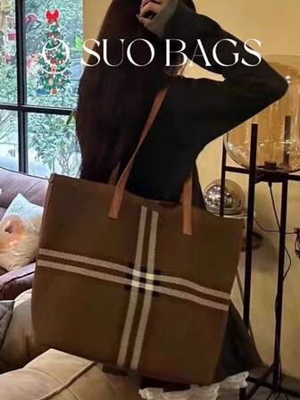 Bolsas OSUO - Bolso de mano con bloques de color y cuadros, bolso de lona de gran capacidad, estilo de mujer, diseño independiente, con correa de hombro de cuero - Bolso de hombro retro para uso diario, ir y venir, compras