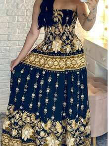 Long Strapless Dress With Print And Elasticated Crepe Fabric For Summer Or Beach. Wrinkle-Free Fabric. - đen với vàng - Xem 3