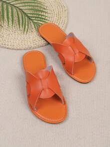 Sandalias deslizantes con tiras cruzadas en naranja, hechas de material naranja brillante con tiras cruzadas y decoración de lazo - Naranja - Ver 9