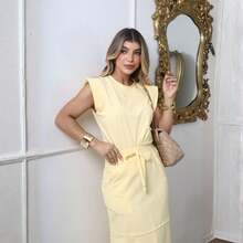 Conjunto Simony Saia Midi Com Recorte e Blusa Manga Japonesa Elegante - Amarelo Manteiga - Visão 8