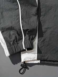 男士休闲运动美式撞色拼接抽绳可调节立领长袖夹克 - 深灰色 - 查看 3