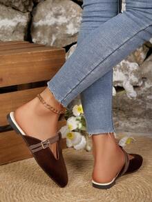 Retro Flat Slip-On Mule Sandals For Women, Spring/Summer, New Slouchy Backless Shoes With Metal Buckle - Coffee Brown - View 5