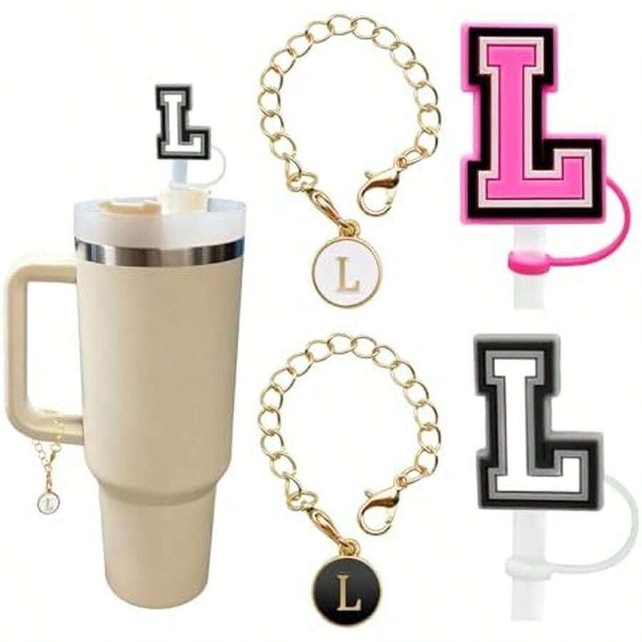(2+2)2PCS Straw Cover For  Cup 30&40 Oz 10mm Straw Topper With 2PCS  Cup Accessories Letter Charms Name ID Initial Letter Handle Personalized Charm For  Tumbler (Letter L) - / - Xem 1