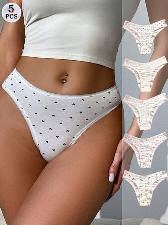 5条装女士印花内裤，性感蜜桃臀型，清新可爱印花女士三角裤，采用舒适亲肤面料，少女风印花内衣，适合日常穿着、派对和约会。
