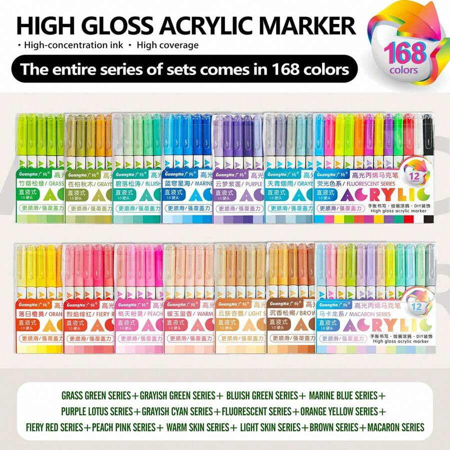 168-Colour Liquid Acrylic Gel Pen Set, 1.0 Hard Tip, High Colour Concentration, Gradient Colour Scheme, Suitable For Writing, Drawing, Doodling, And Use On Multiple Surfaces - Multicolor - View 1