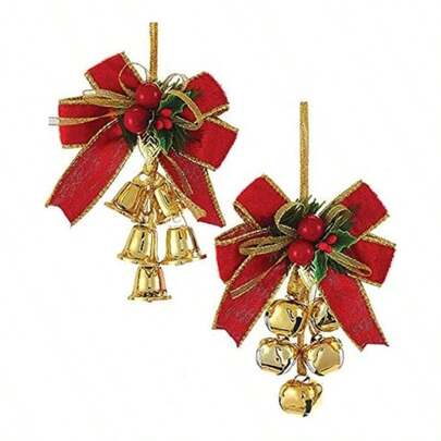 Juego de 2 adornos navideos surtidos de lazos y campanas de color rojo, verde y dorado
