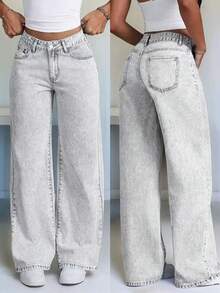 Straight Leg Loose Casual Jeans With Pockets, Versatile For Teens - Light Grey - View 1