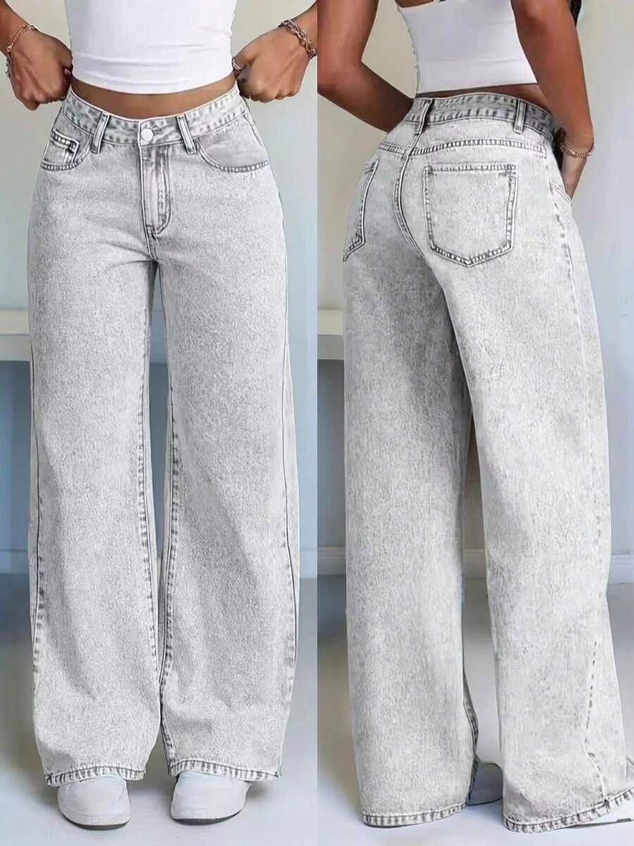 Straight Leg Loose Casual Jeans With Pockets, Versatile For Teens - Light Grey - View 1