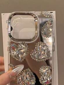 Mirror Silver Rhinestone Heart Shape Phone Case, Compatible With IPhone 17 Pro Max/17 Pro/17, 16 Pro Max/16 Pro/16, 15 Pro Max/15 Pro/15, 14 Pro Max/13 Pro/13/12/11 - Multicolor - View 3