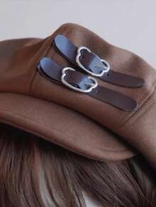 1 pieza Boina de estilo periódico con decoración de oso de café para mujer, uso casual y cálido en otoño/invierno, regalo del Día de San Valentín - Marrón - Ver 7