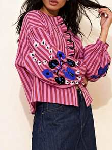 1 件女士休闲日常穿着、派对、花园、野餐、户外节日、海滩节日度假飘逸花卉印花荷叶边下摆开襟长袖衬衫，春夏秋季 - 紅色 - 查看 1