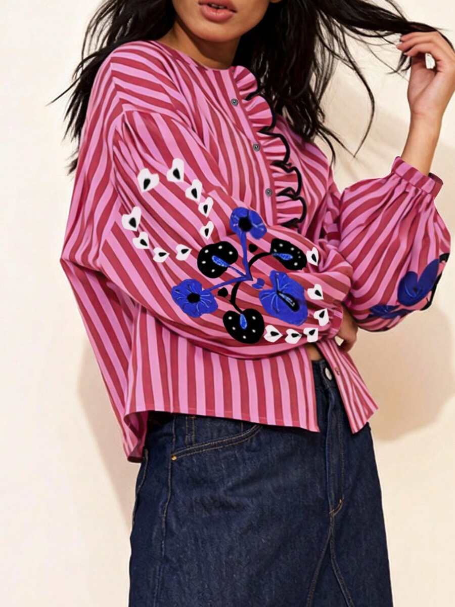 1 件女士休闲日常穿着、派对、花园、野餐、户外节日、海滩节日度假飘逸花卉印花荷叶边下摆开襟长袖衬衫，春夏秋季 - 紅色 - 查看 1