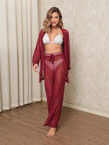 Printed Tulle Beach Cover-Up Set, Shirt And Pants. - Burgundy - View 1