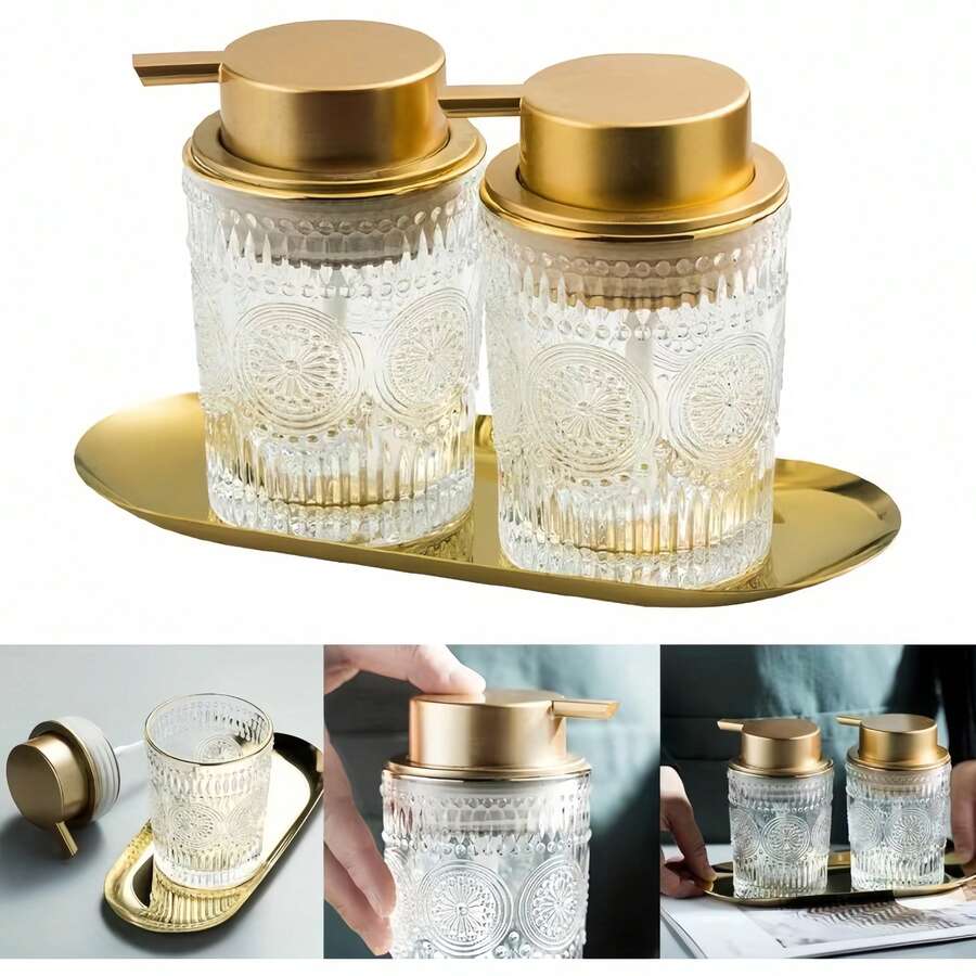 浮雕玻璃皂液器，复古金色泵头，可填充洗手液，不含酒精，不含乳胶，是浴室和厨房装饰的理想之选，厨房皂液器 | 装饰皂液器 | 玻璃皂液器
