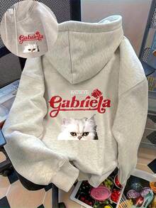 KATSEYE Gabriela Women'S Hooded Sweatshirt - Black With Red Lettering & Cat Face Graphic, Adjustable Drawstring Hood, Cozy Fall/Winter Pullover, Casual Long Sleeve Top For Casual Attire, Cat Hoodie, Autumn Apparel, Playful Design, Comfortable Fit, Durable Fabric, Streetwear Style,  Hoodie, Soft Material, Printed Hoodie, Streetwear Lovers, Cat Lovers, Women'S HoodiesOversized Women's Hoodie,Street Style Outfit,Sudadera - 白色和灰色 - 查看 11