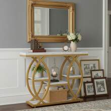 LITTLE TREE Space-Saving 39.4 Inch Console Table, Industrial 4-Tier Narrow Table With Storage For Hallway & Foyer, White And Gold Metal Frame Accent Piece For Small Spaces - Gold - View 7