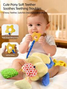 1个多功能螃蟹牙胶玩具，带铃铛、摇铃、镜子、牙胶和夹子，柔软毛绒悬挂玩具，带有感官珠和发声器，卡通红色动物造型，适用于婴儿床/婴儿车/汽车座椅，安抚宝宝，非常适合旅行/午睡/室内玩耍